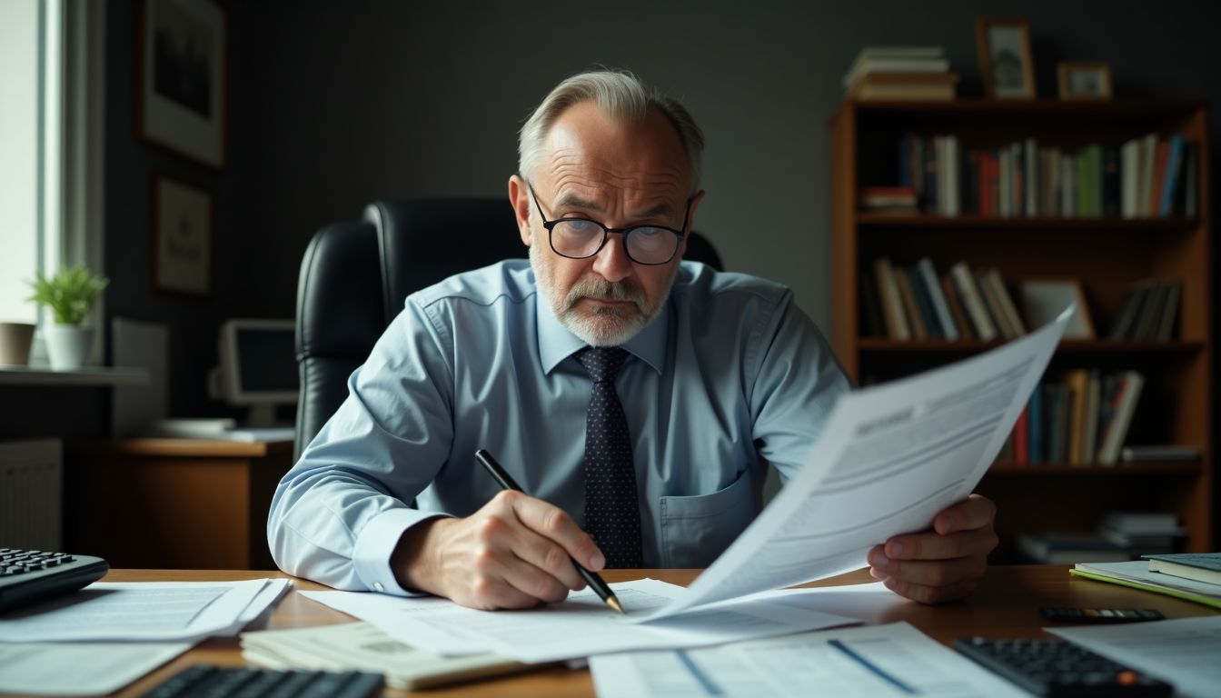 An older man sits at a cluttered desk, frustrated with investment notes.