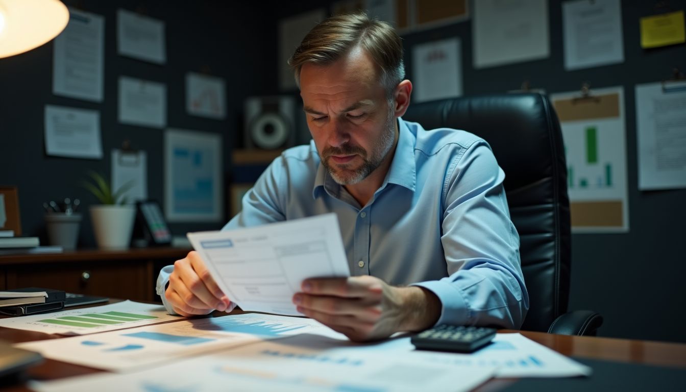 A man in his 40s analyzing financial reports at a messy desk.