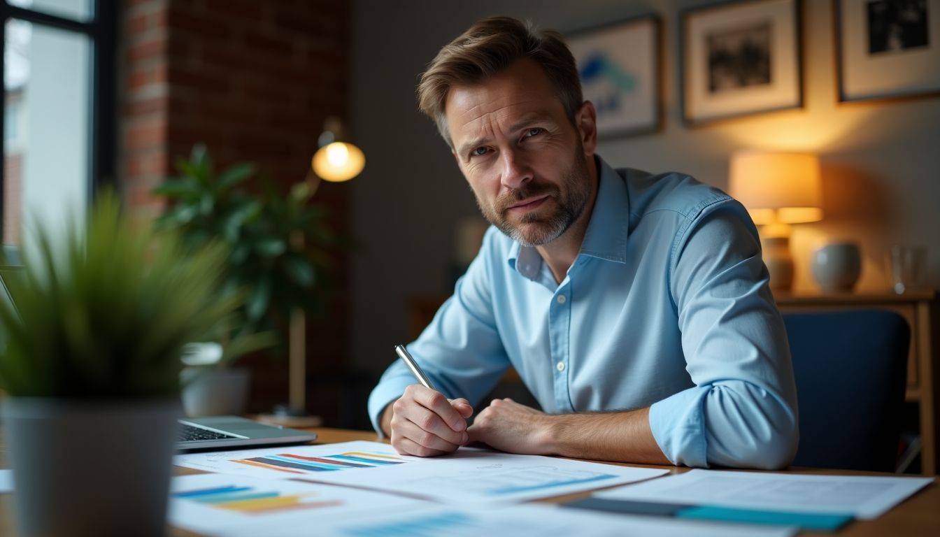 A man sits with financial documents, planning investment portfolio.