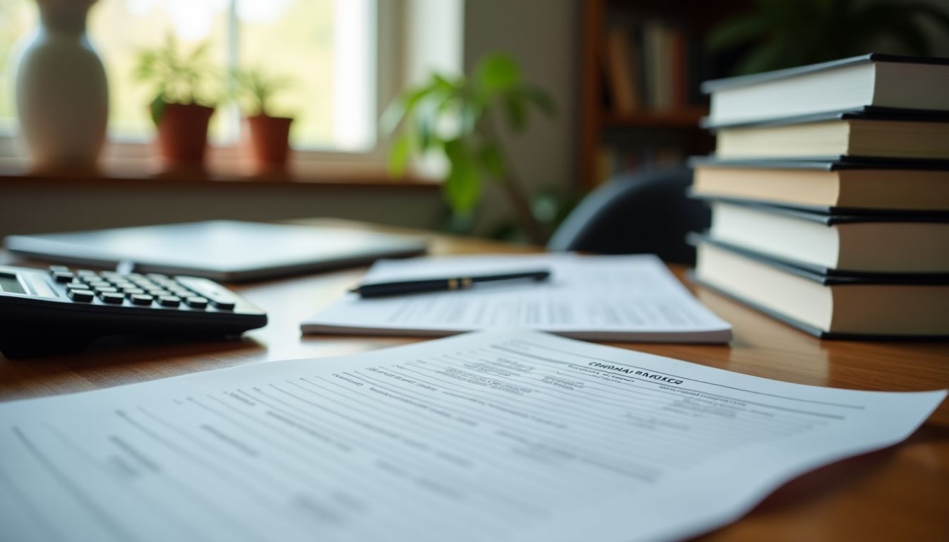 A cluttered home office desk with financial planning books and bills.