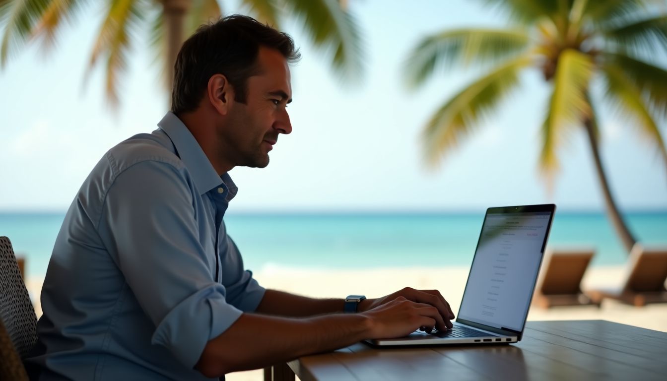 A middle-aged investor researching offshore investment opportunities at a beachfront café.