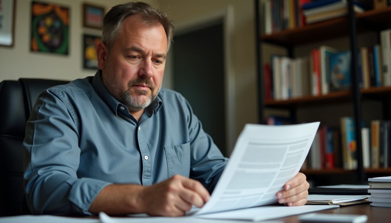 A man in his 40s reviews a complex equity-linked note term sheet in a cluttered home office.