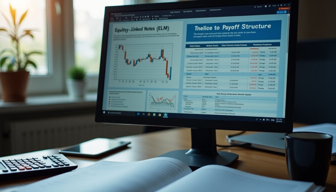 A financial office desk with computer and calculator analyzing equity-linked notes.