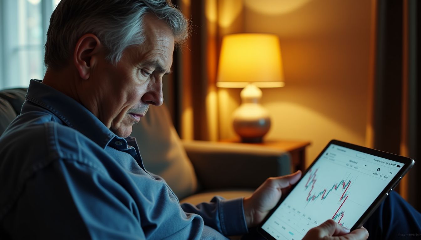 A person analyzing stock charts in a cozy living room.