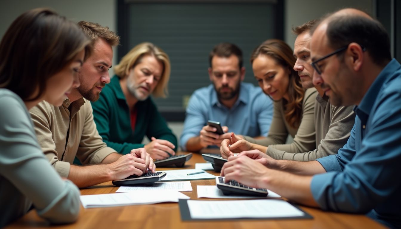 A diverse group of adults discussing financial documents and interest rates.