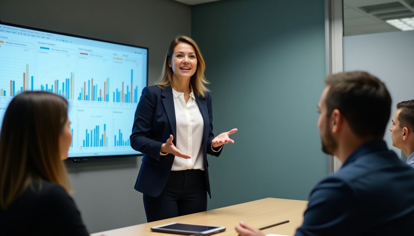 A woman in professional attire explains structured notes to investors.