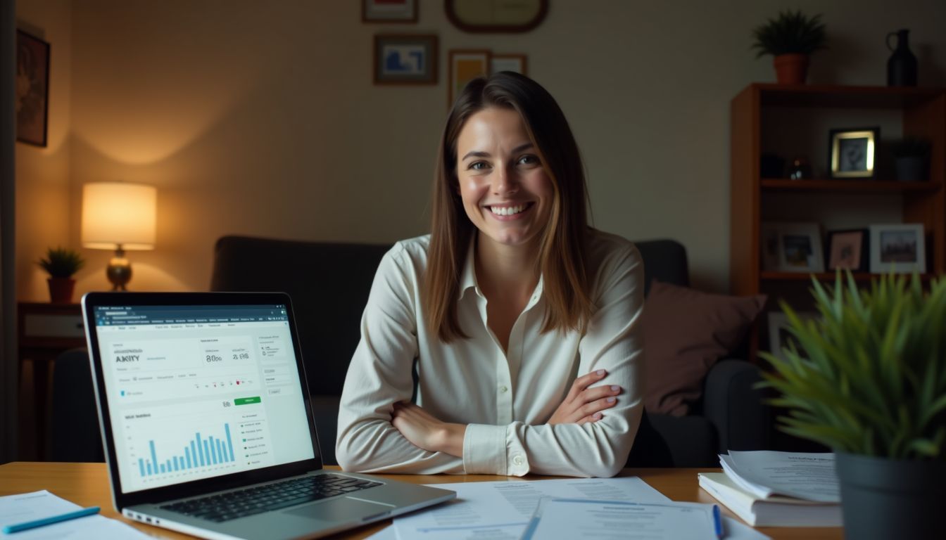 A woman sits at a cluttered desk in a cozy home office.