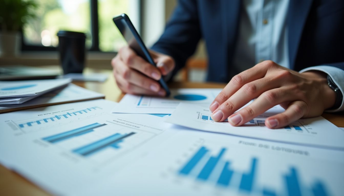 A middle-aged investor reviewing structured financial products on a messy desk.