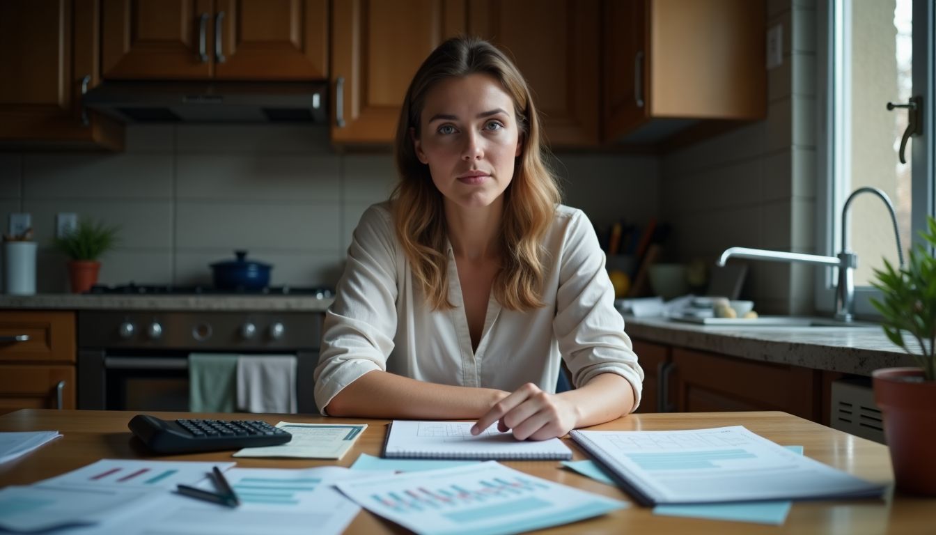 A woman in her 30s sits at a cluttered kitchen table overwhelmed by financial stress.