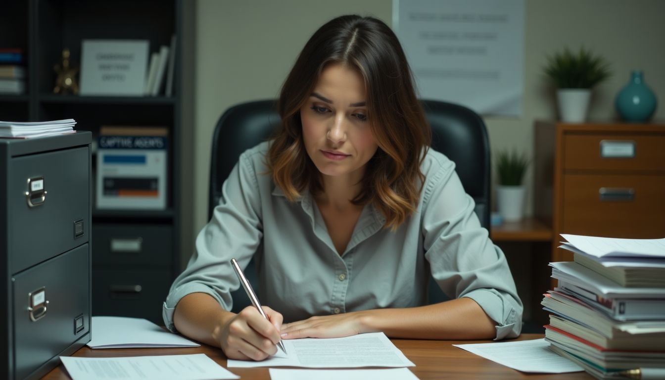 A woman compares independent and captive agent options at her desk.