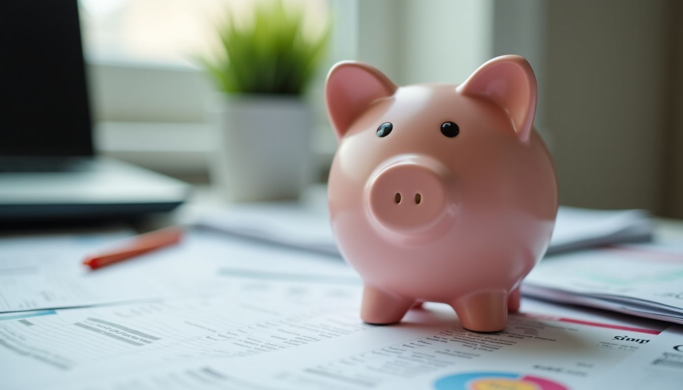 A piggy bank surrounded by financial documents on a messy desk.