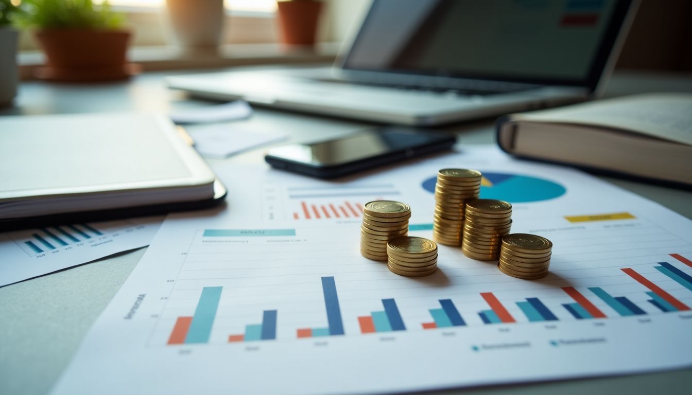 A diverse collection of financial assets arranged on a cluttered desk.