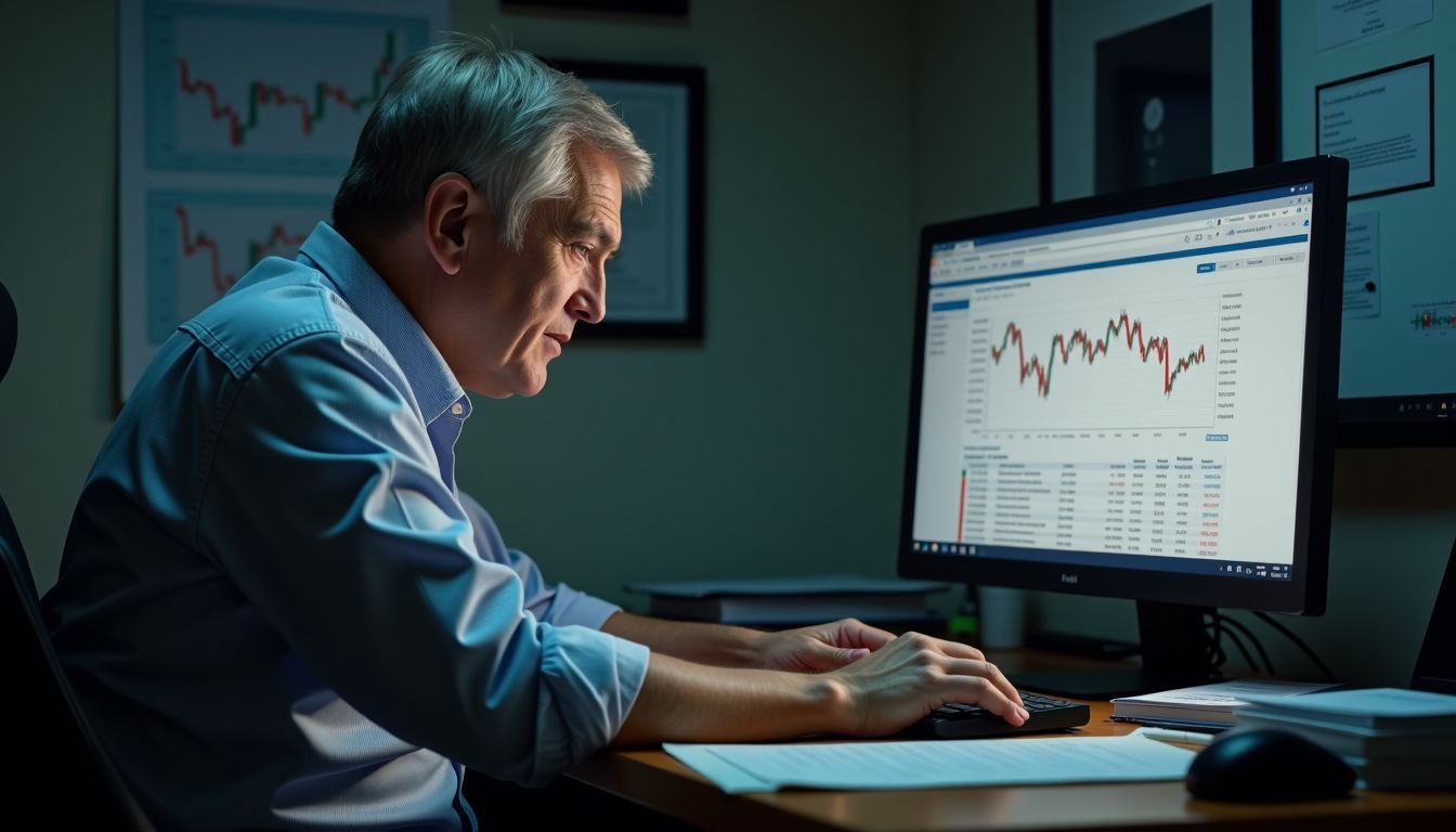 A person studying financial information on a cluttered desk in an office.