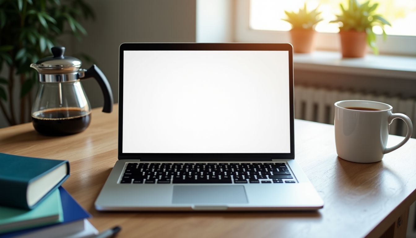 A modern home office desk with financial literacy resources and coffee.