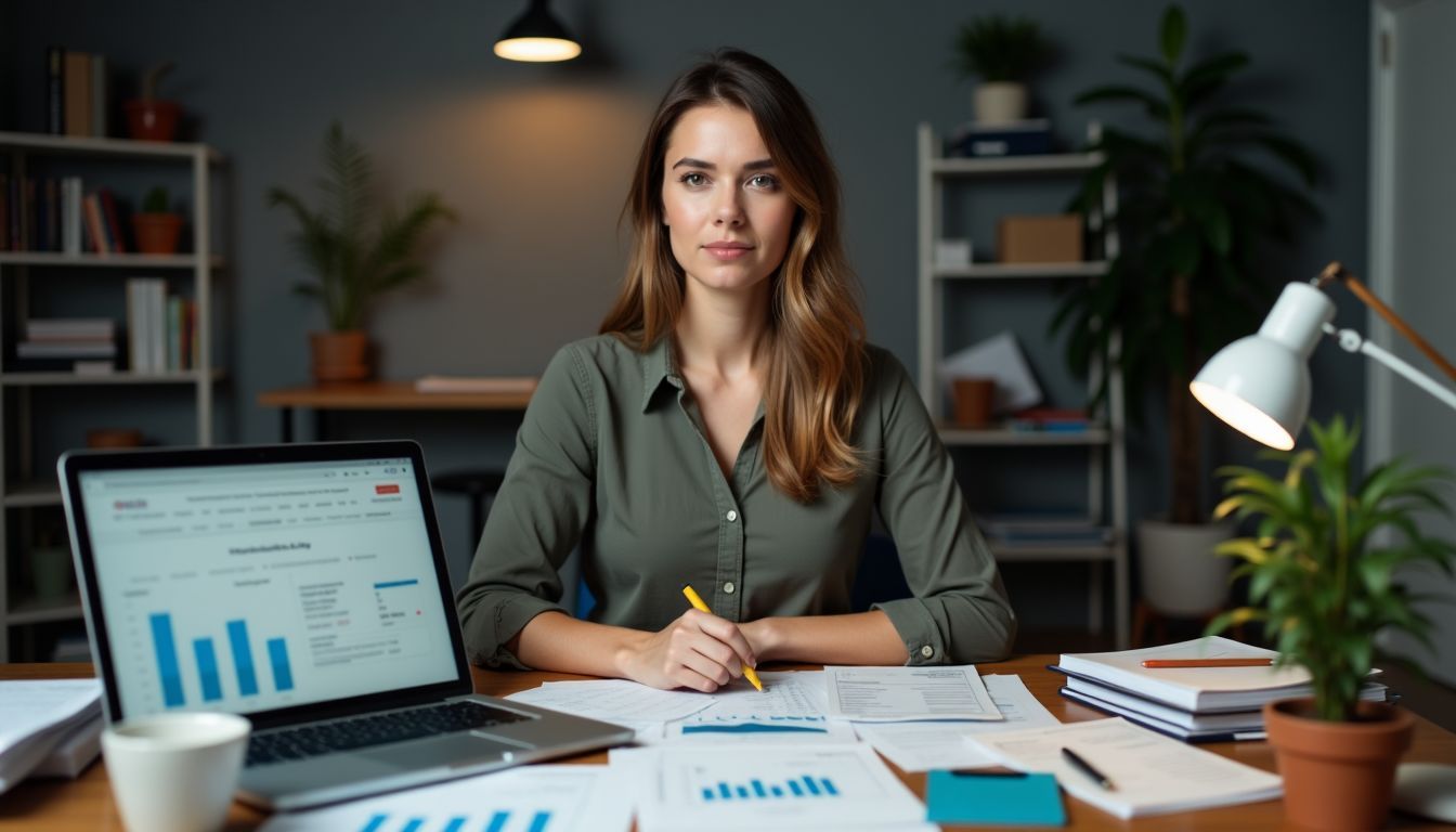 A woman focuses on managing her finances at a cluttered desk.