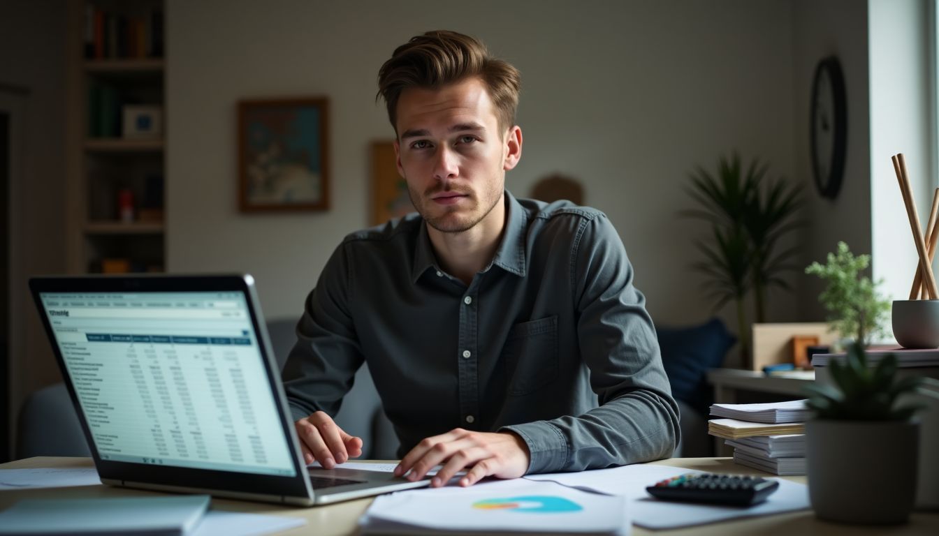 A young man at a cluttered desk working on budget planning.