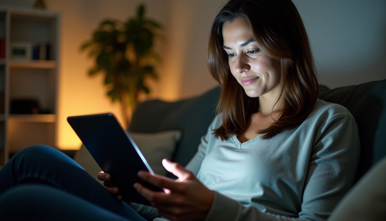 A woman sits on a couch, analyzing investment returns on a tablet.