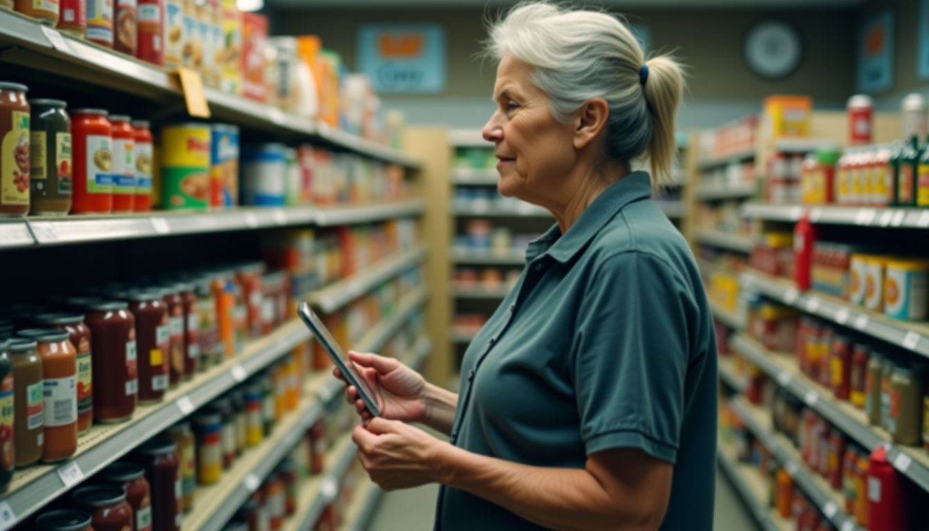 An elderly woman shopping for everyday groceries in a dimly lit store.