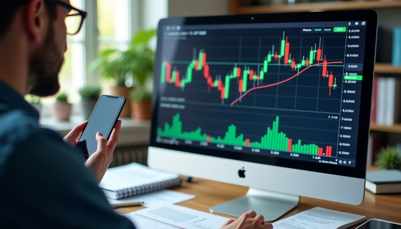 An investor studying stock market graphs and reports at cluttered desk.