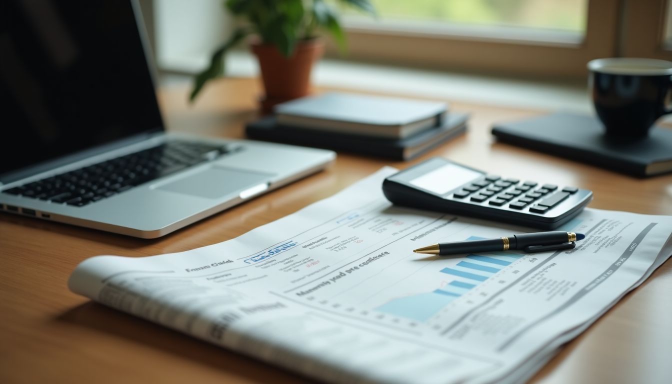 A simple workspace with a wooden desk, financial newspaper, calculator, and laptop.