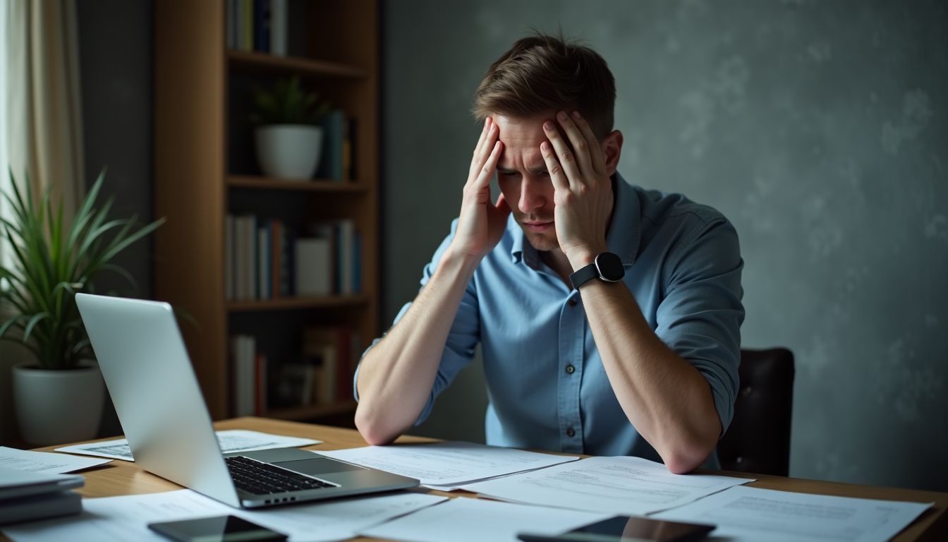 A stressed man deals with complex offshore investments at cluttered desk.