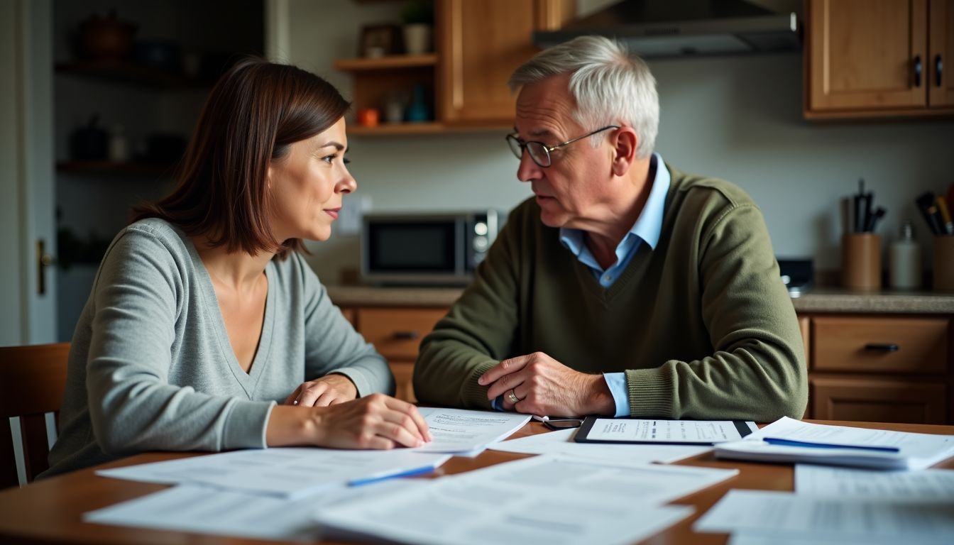 A middle-aged couple discussing early retirement options at a cluttered kitchen table.