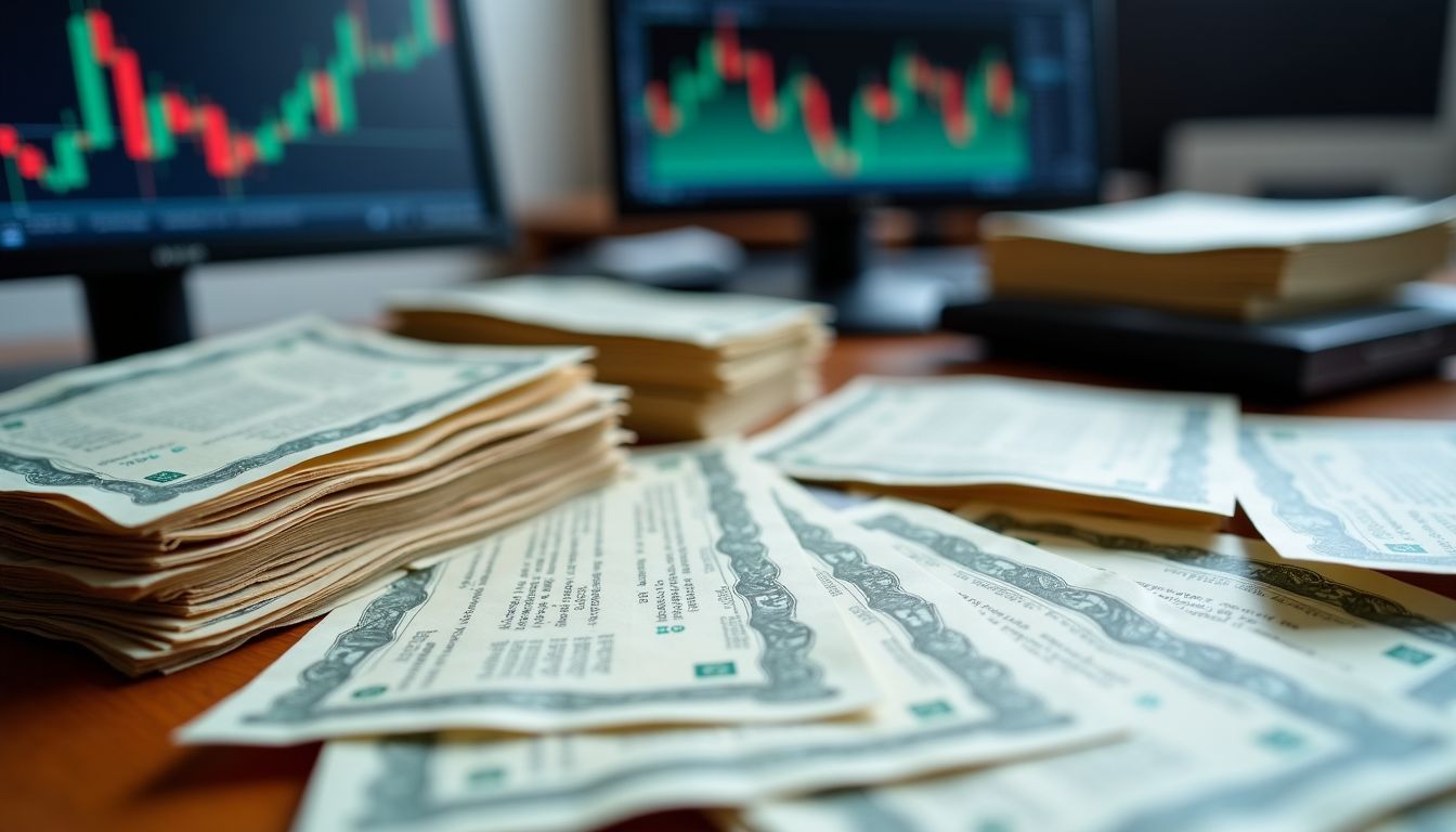 A cluttered table with stock certificates and fluctuating stock prices.