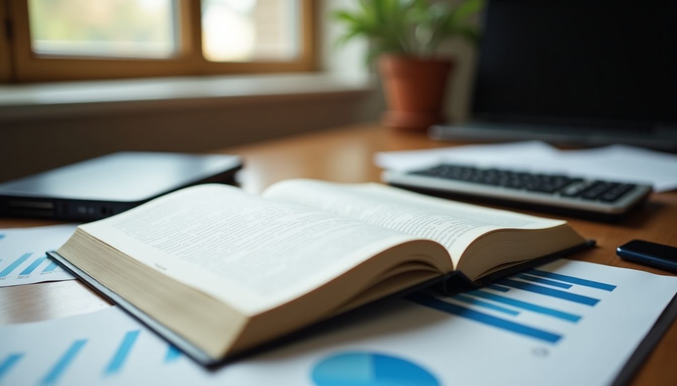 An open book, calculator, and financial documents on a desk.