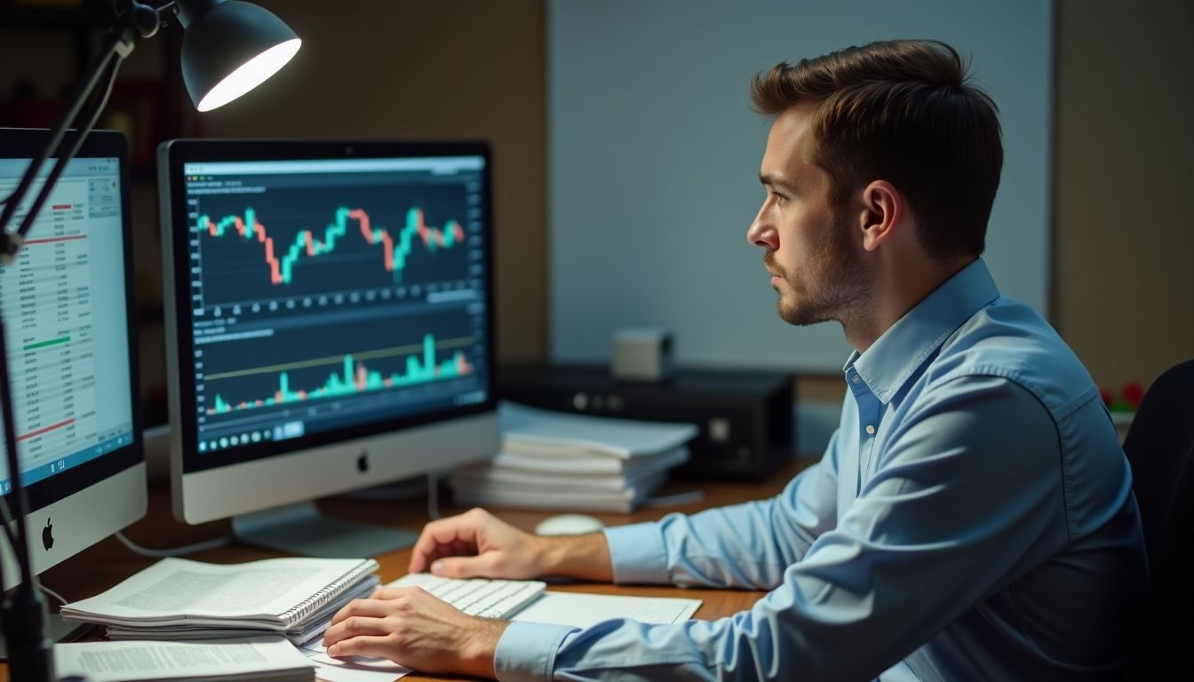 A man at a messy desk analyzing financial data on a computer.