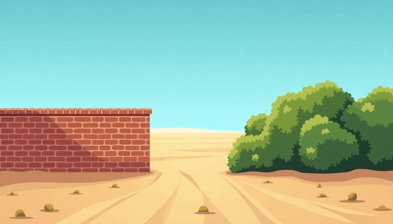 A dry desert landscape with a brick wall and hedge.