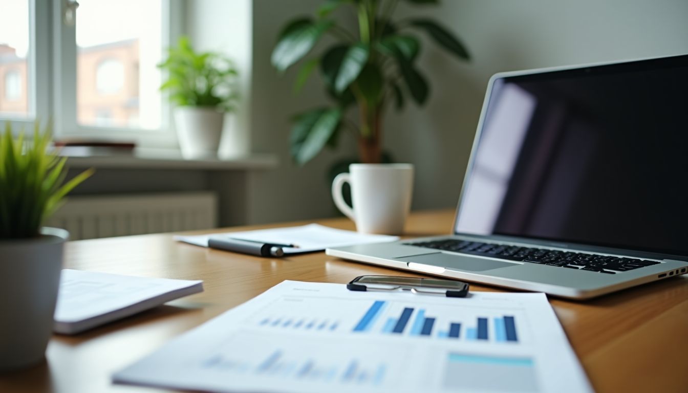 A modern office desk with a laptop, financial documents, and a plant.