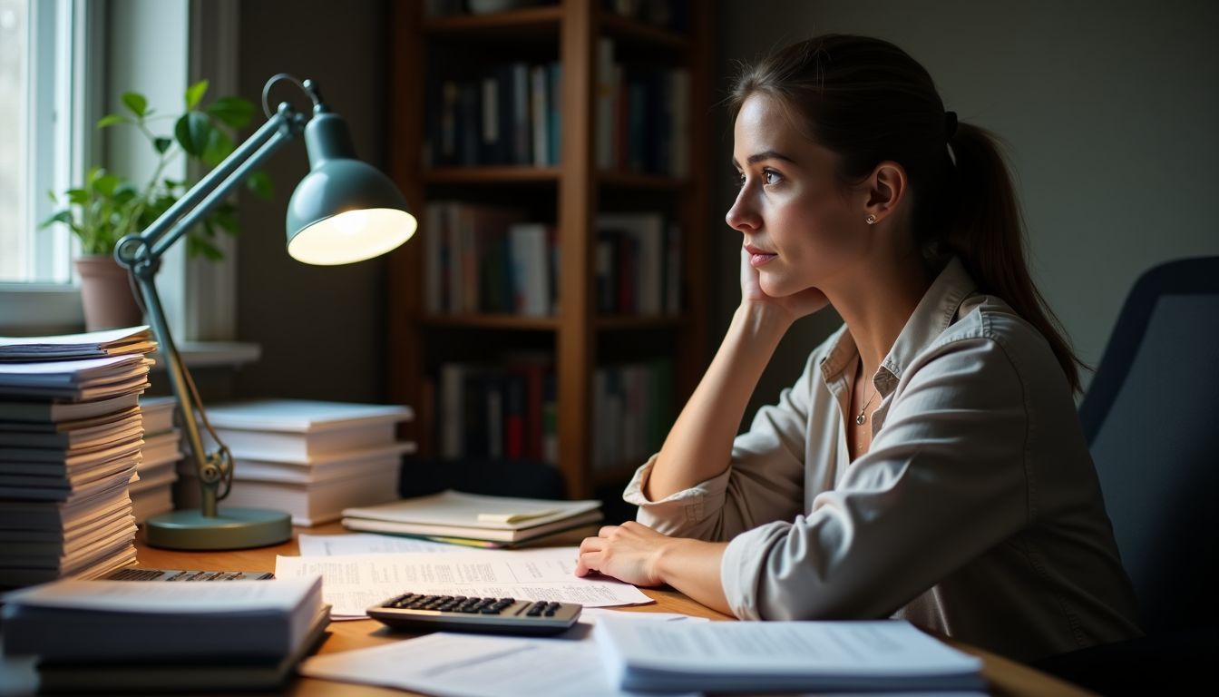 A woman in her mid-30s plans for early retirement at a cluttered desk.