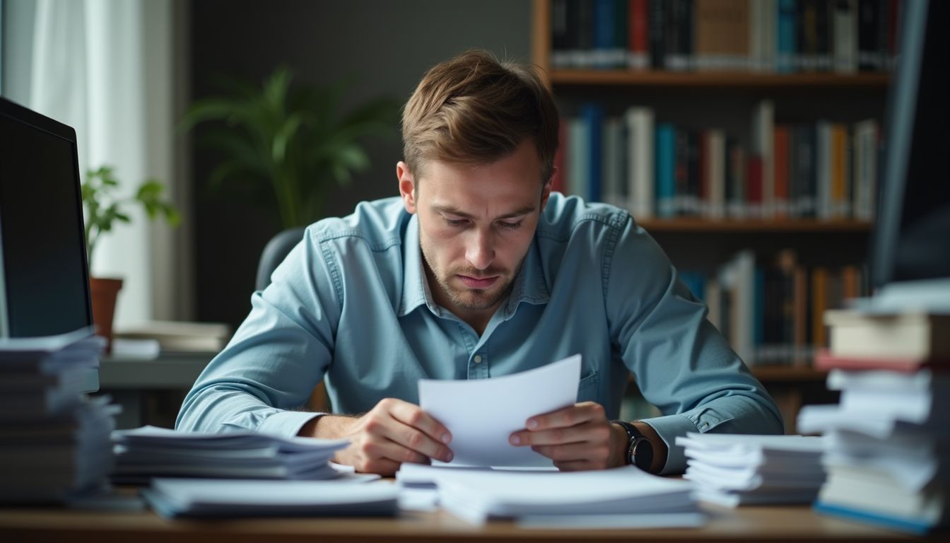 A man sits at a cluttered desk researching how to become an insurance agent.