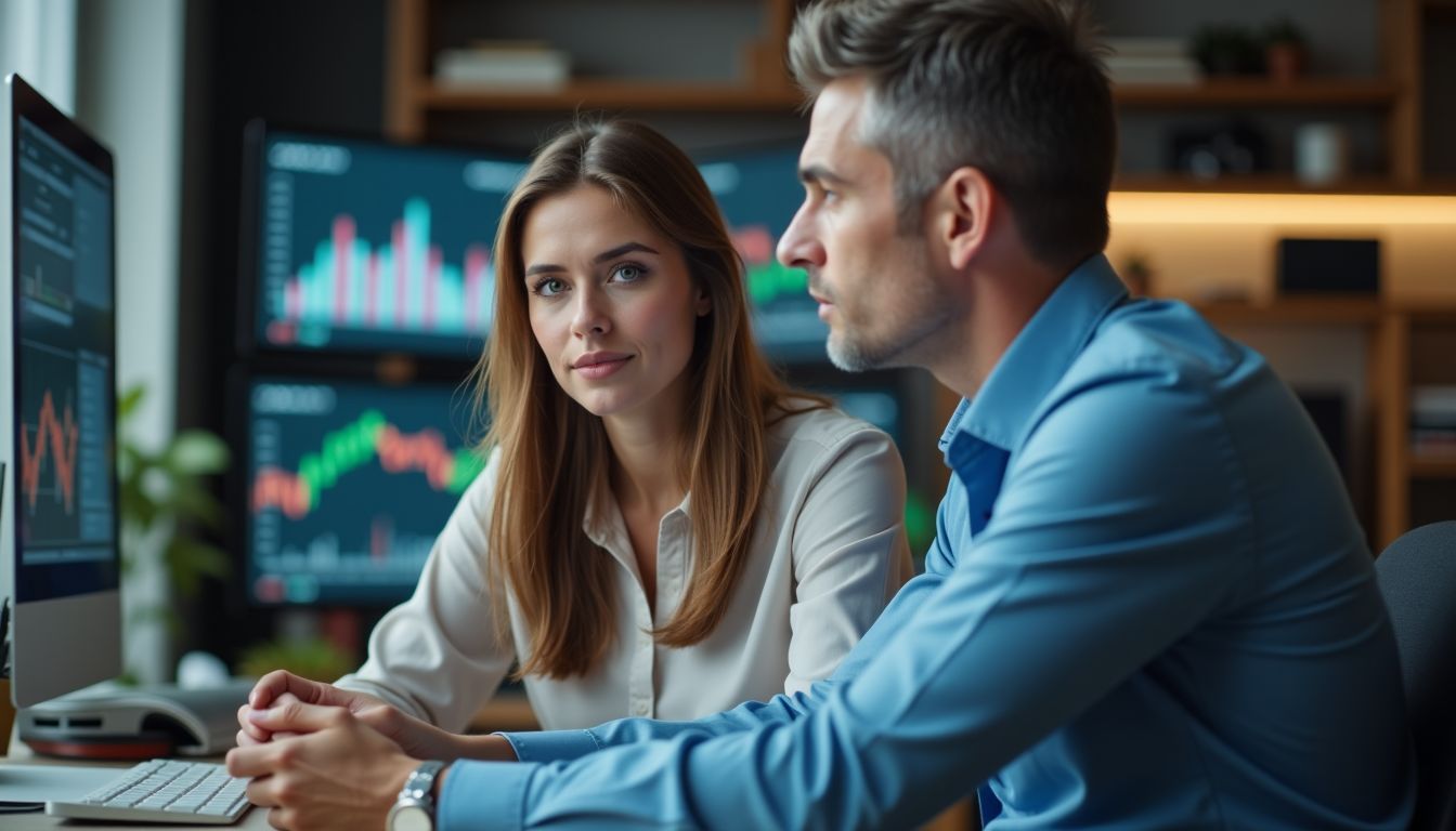 A couple discusses wealth management and insurance with their financial advisor in an office.