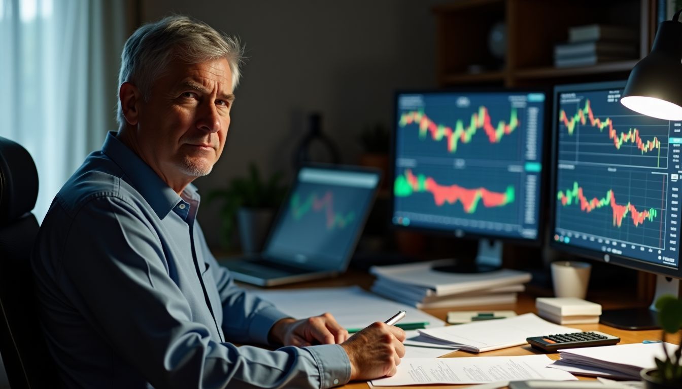 An older man sitting at a cluttered desk with financial documents.