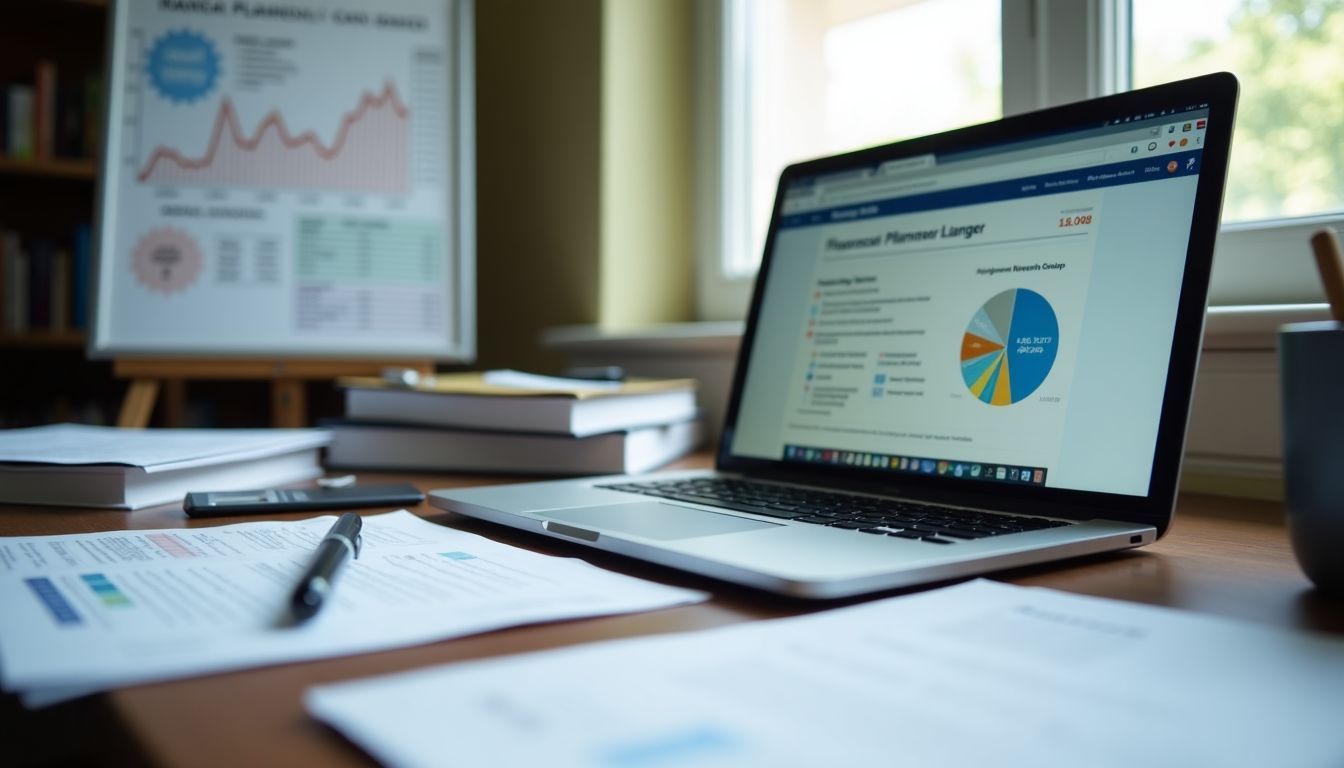 A cluttered home office desk with open laptop and financial planning materials.