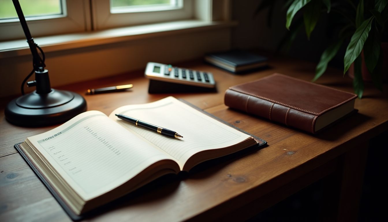 A rustic wooden desk with financial planner, calculator, and pens.