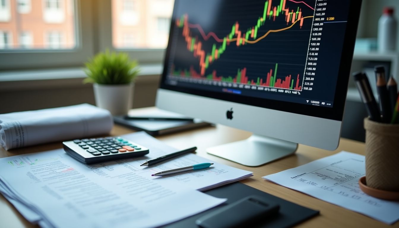 A cluttered office desk with financial documents and computer displaying stock market graphs.