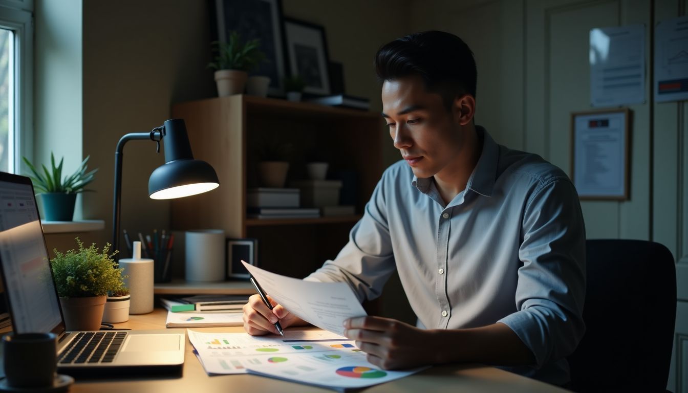 An investor studying financial charts and holding a prospectus at cluttered desk.