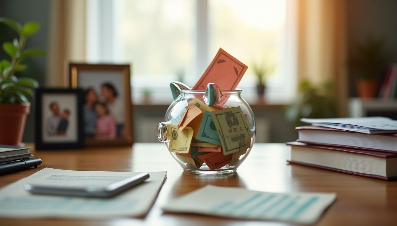 A glass piggy bank filled with colorful paper bills on a desk.