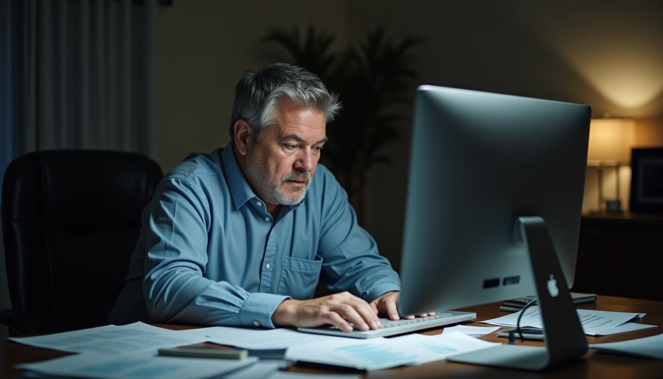 A stressed middle-aged man struggles with his investment portfolio at his desk.