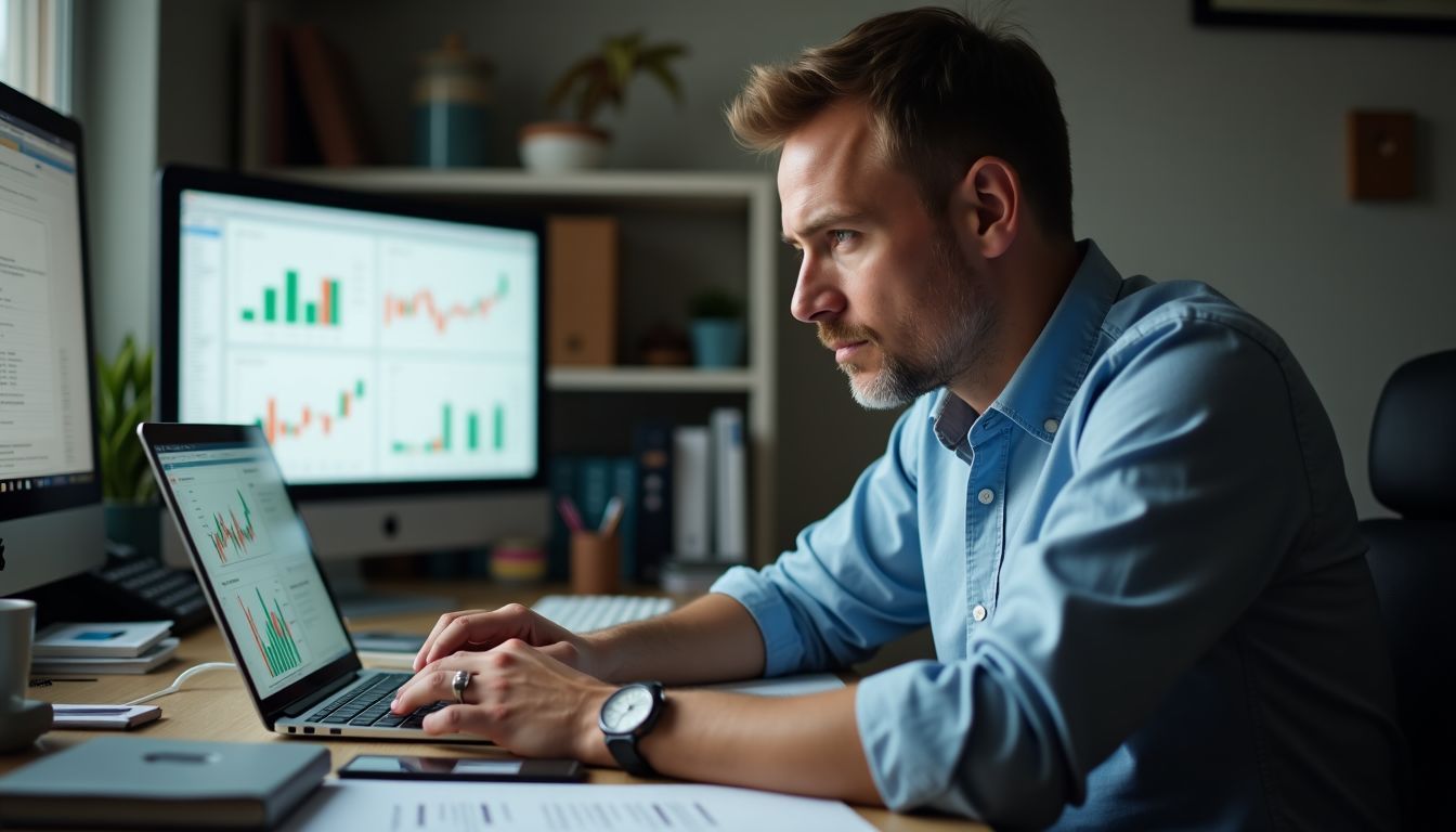 A man in his 40s is working on financial charts at a cluttered home office desk.