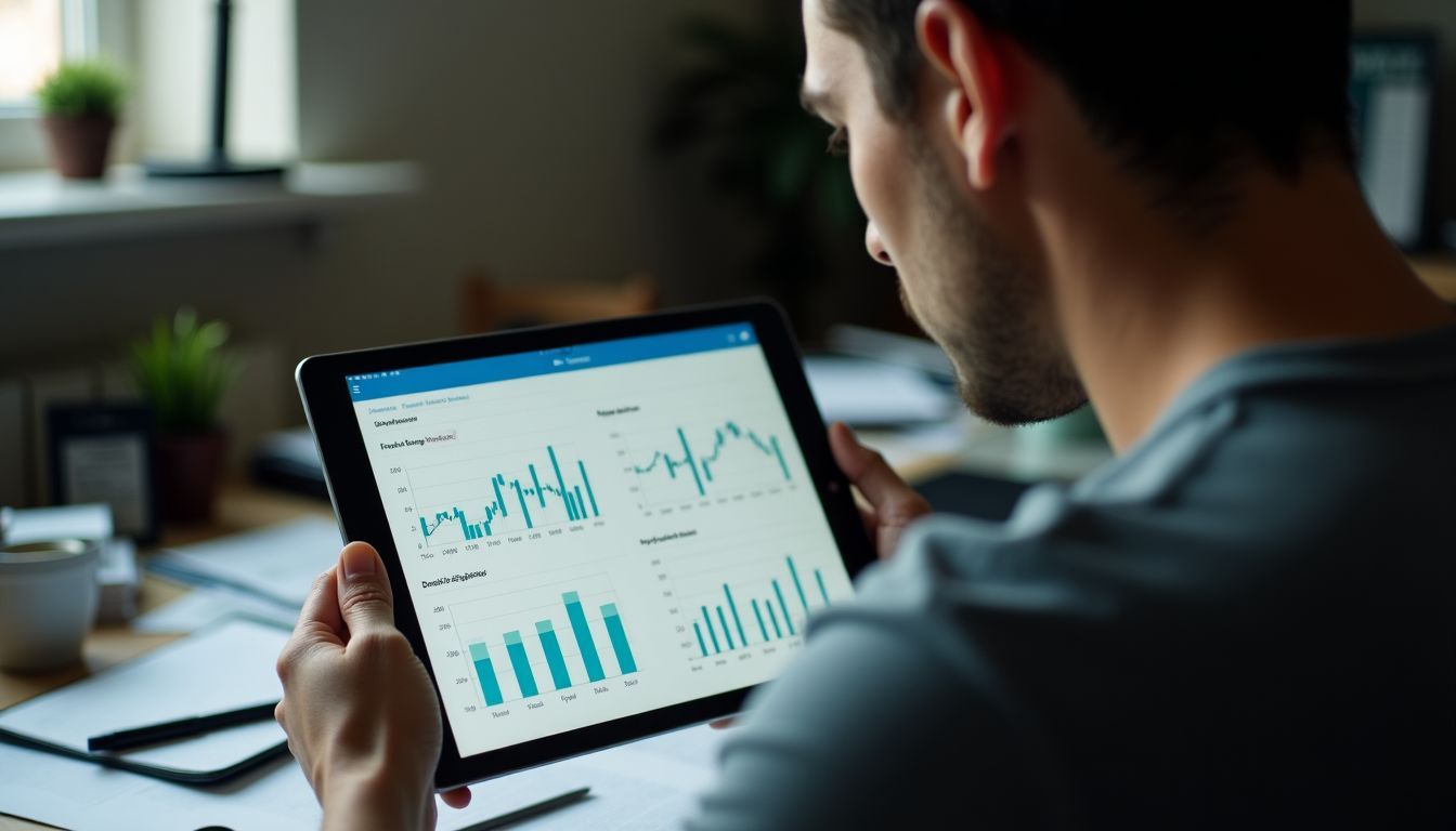 A person in their 30s analyzing financial charts on a cluttered desk.