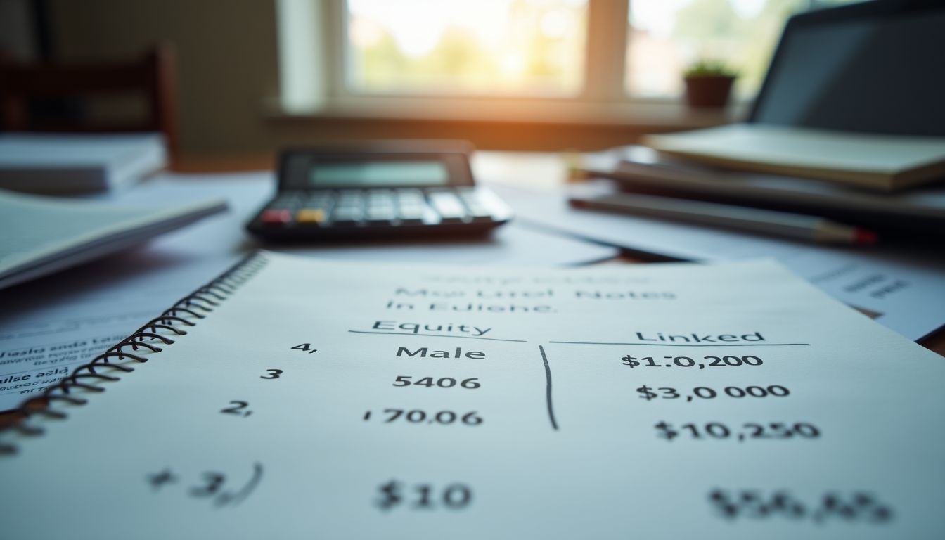 A cluttered desk with financial papers, calculator, and equity-linked notes calculations.