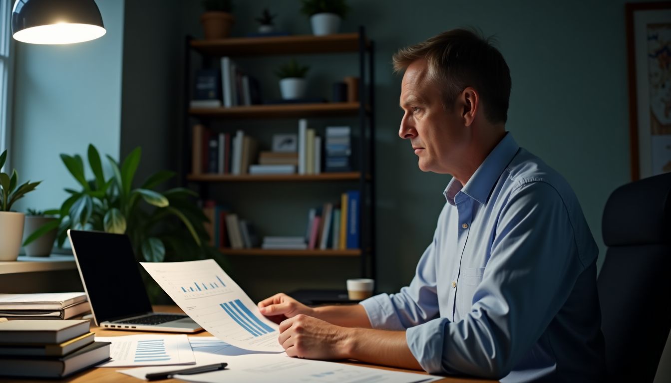 A man studying financial statements and graphs in cluttered home office.