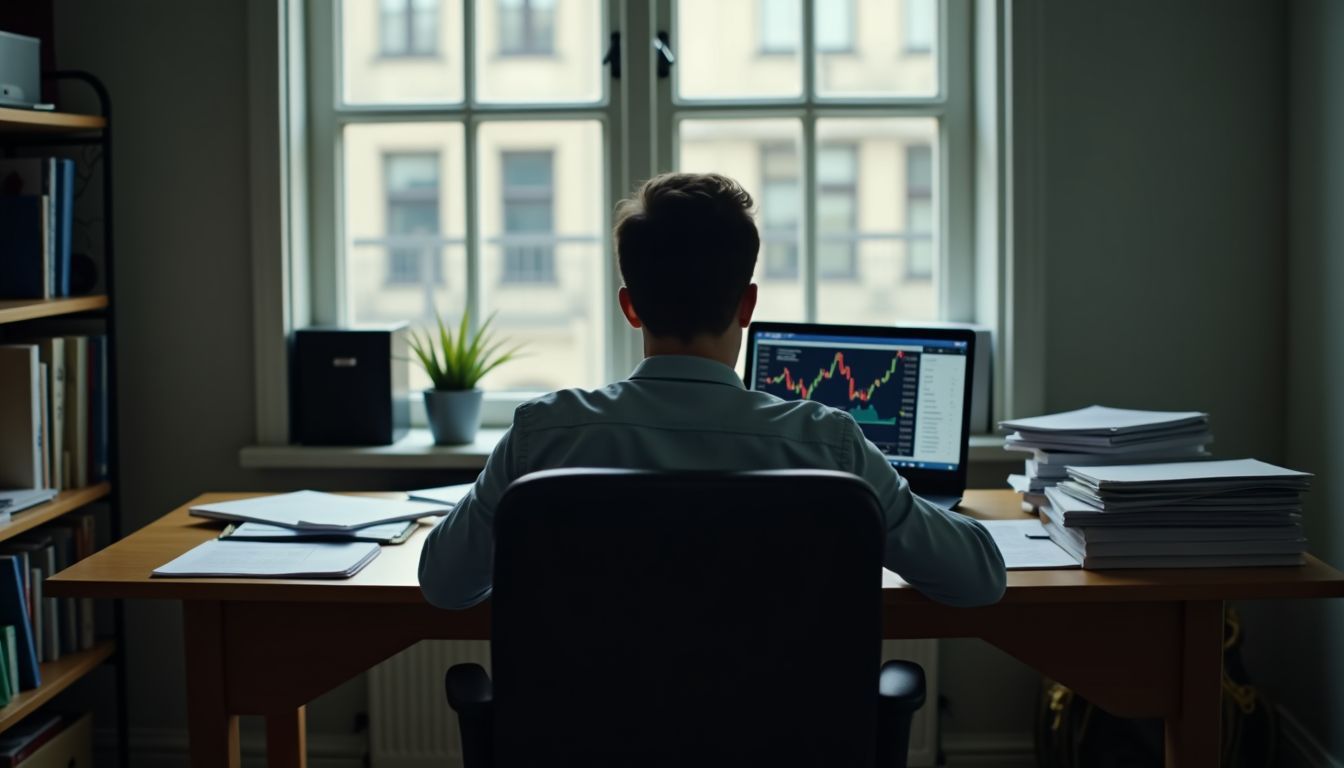 An office desk with financial reports, stock charts, and investment books.