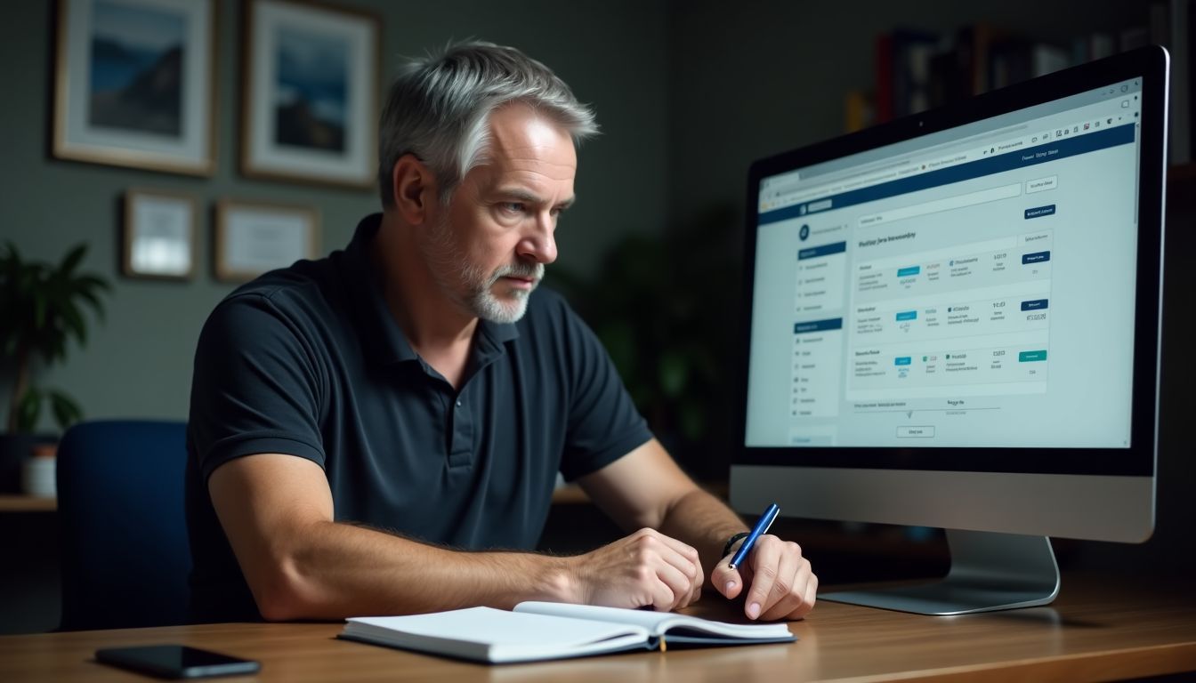 A man reviews offshore investment options at his desk.