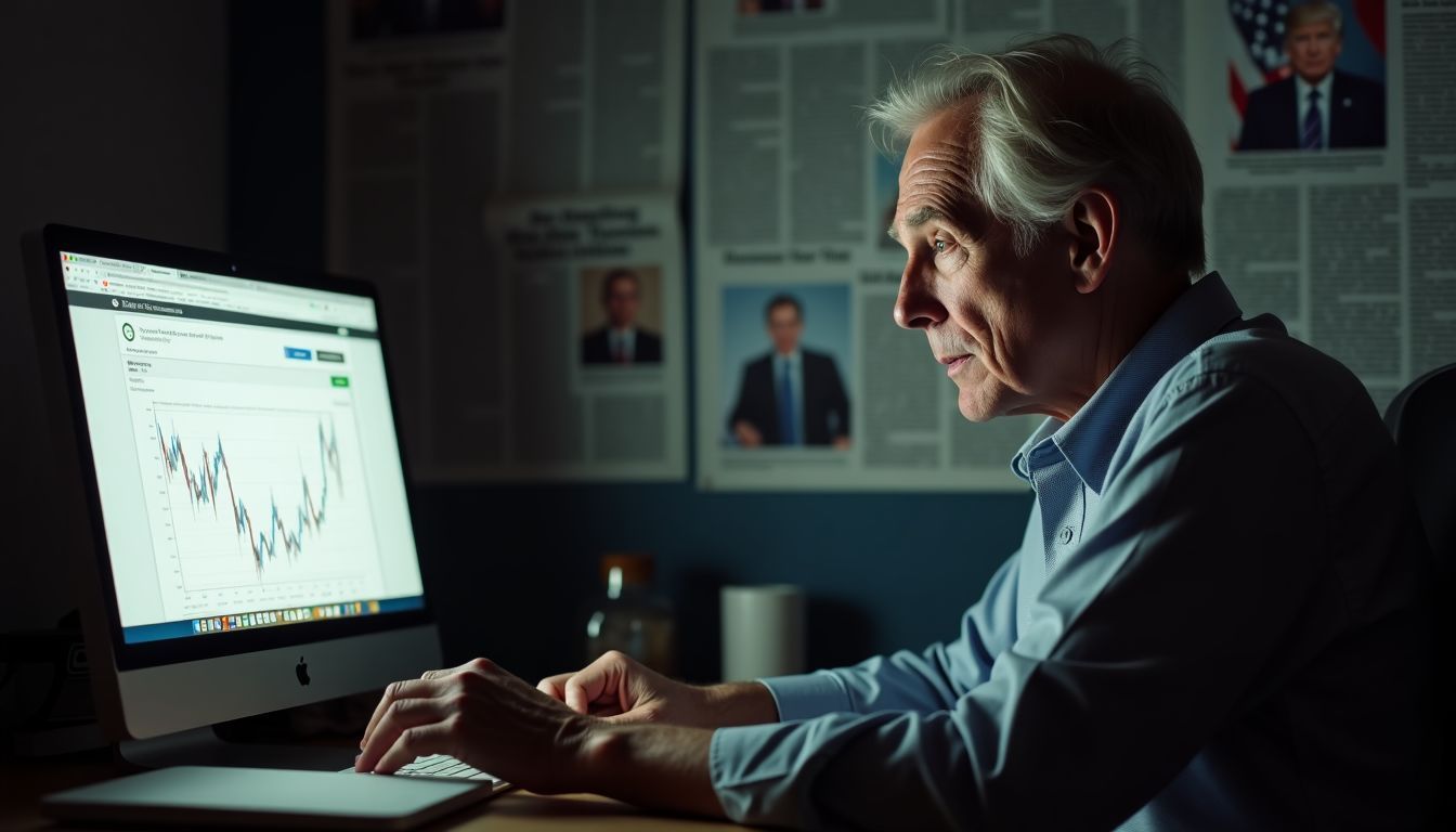 An elderly man checks his stock portfolio in a dimly lit room.