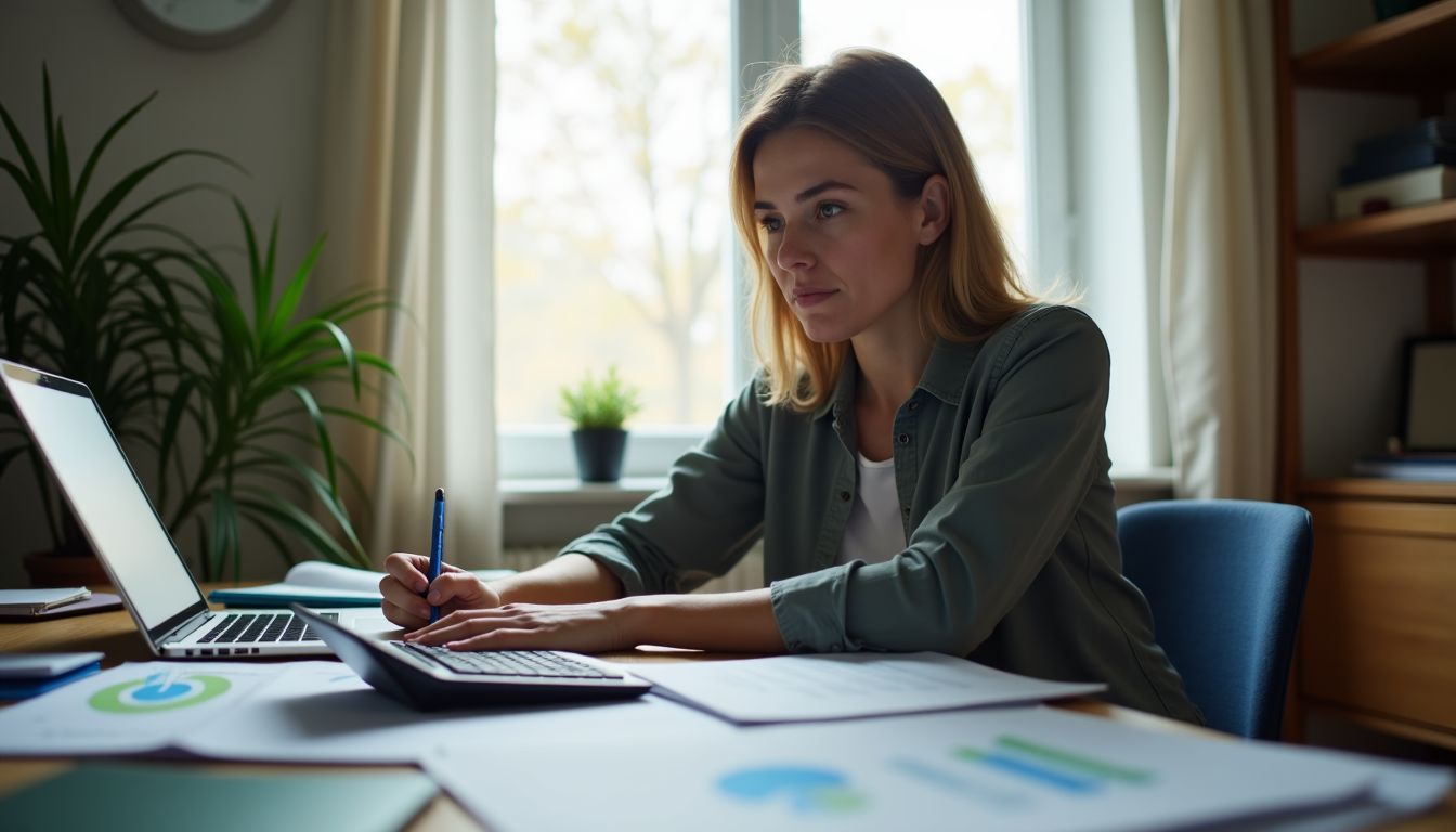 A person working on financial documents and charts at a cluttered desk.