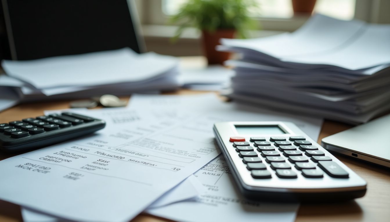 Cluttered desk with bills, receipts, calculator, and credit card statements.